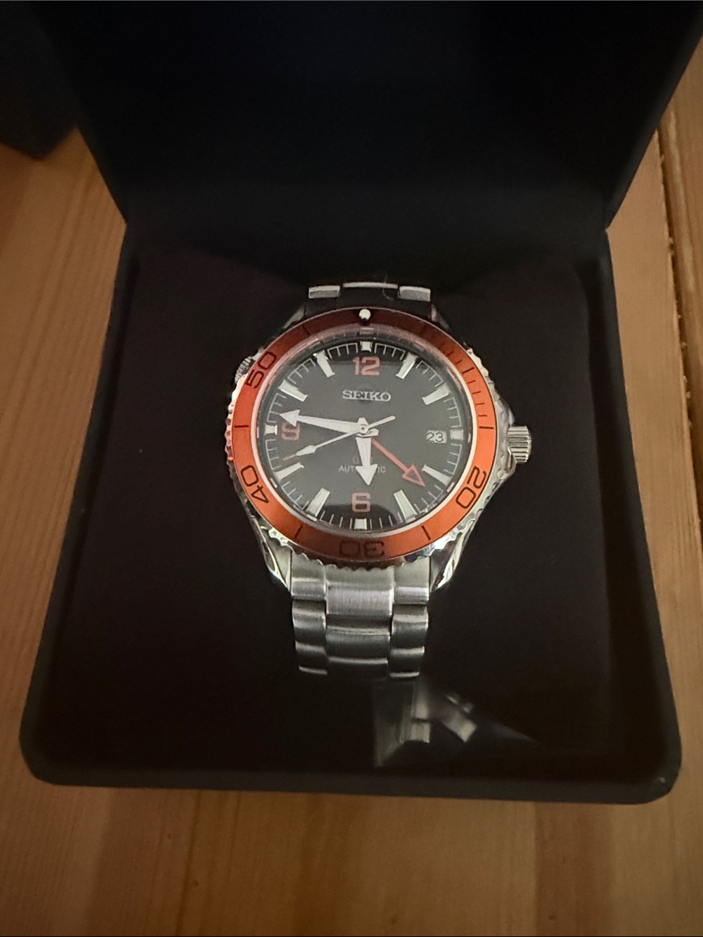 MOD - GMT Men's Stainless Steel Watch with Orange Bezel and Black Dial